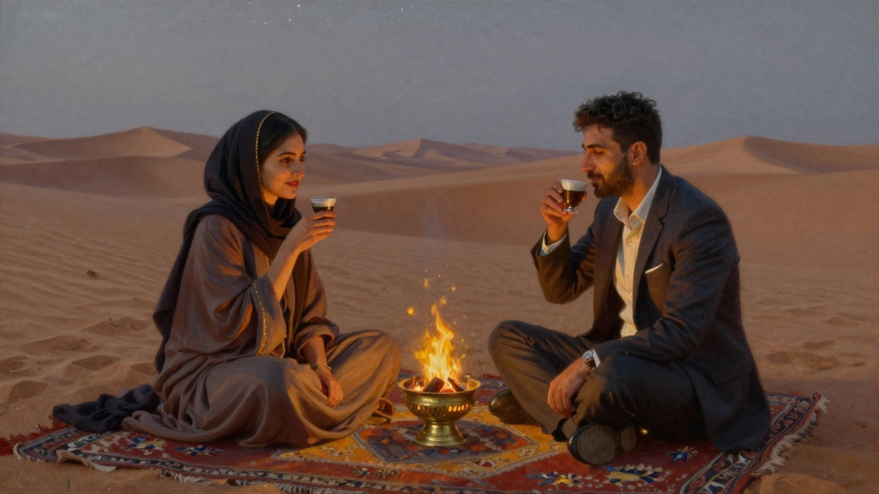 A man and woman in a desert camp at twilight, sipping coffee together under the stars.