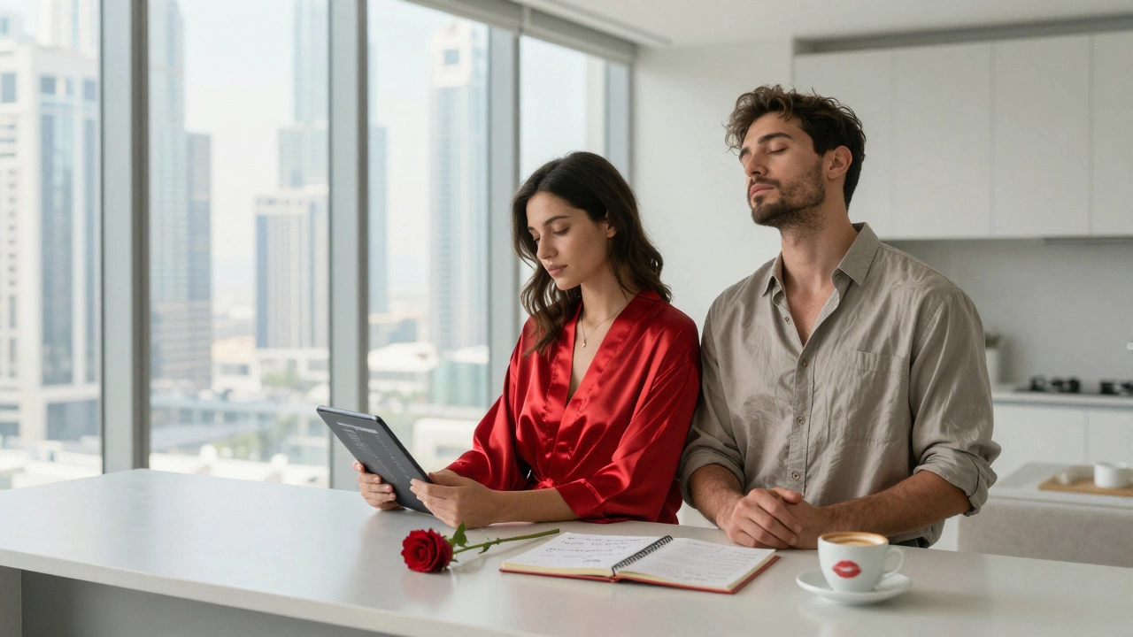 A woman in a silk robe and a man in a casual shirt in a minimalist Dubai apartment, morning light streaming in.