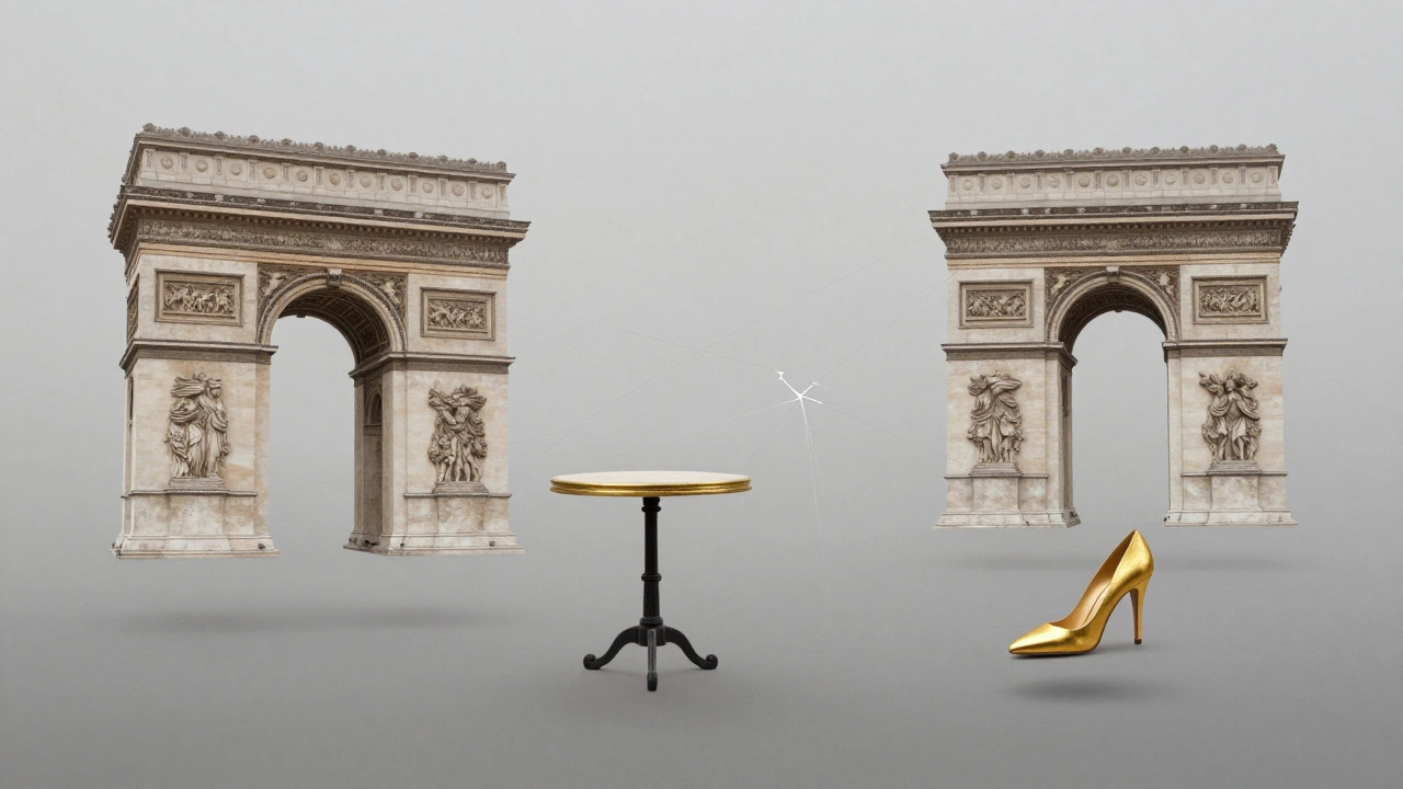 Floating Paris icons in a hazy void, symbolizing misleading escort ads and broken expectations.